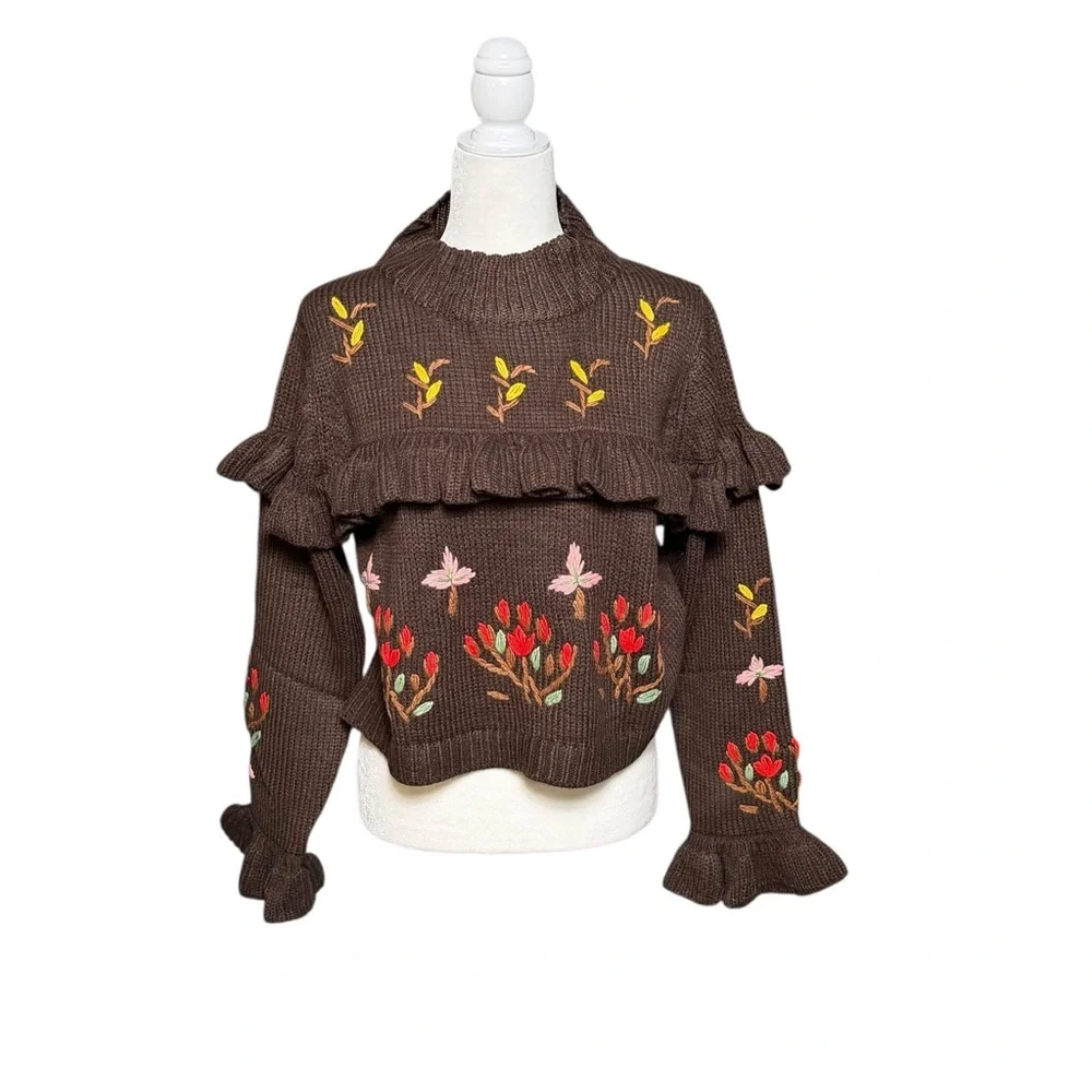 NWT POL Brown Floral Ruffle Sweater